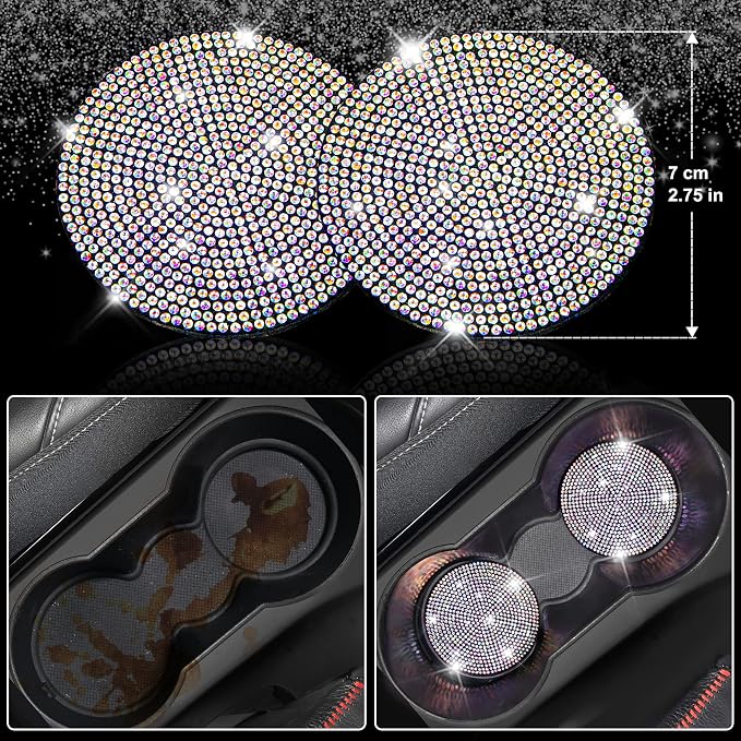 11 PCS Bling Diamond Car Accessories for Women, Sparkly Rhinestone Steering Wheel Cover Bling Seat Belt Cushion, Glitter Shift Knob Cover Car Cup Holder Coaster, Cute Interior Sets Multicolor
