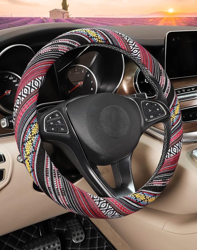 Boho Steering Wheel Cover with Baja Blanket Cloth, Ethnic Style Auto Wheel Cover Made of Coarse Flax, Fits 14 1/2-15 1/4 inches Car Wheel