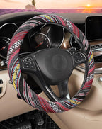 Boho Steering Wheel Cover with Baja Blanket Cloth, Ethnic Style Auto Wheel Cover Made of Coarse Flax, Fits 14 1/2-15 1/4 inches Car Wheel