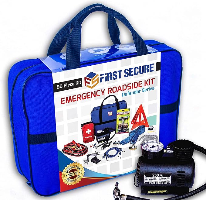 Car Emergency Kit with Air Compressor, Jumper Cables, First Aid, Tow Strap, Tire Gauge, Headlamp – Roadside Safety Kit for Women, Men, Teens