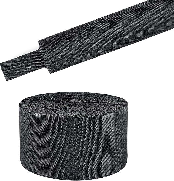 Black 2:1 Ratio Automotive Heat Shrink Braided Sleeving,Wear-Resistant Flat Woven Shrinkable Sleeve Fabric Car Cable Wires Hoses Protection (2''-26ft)