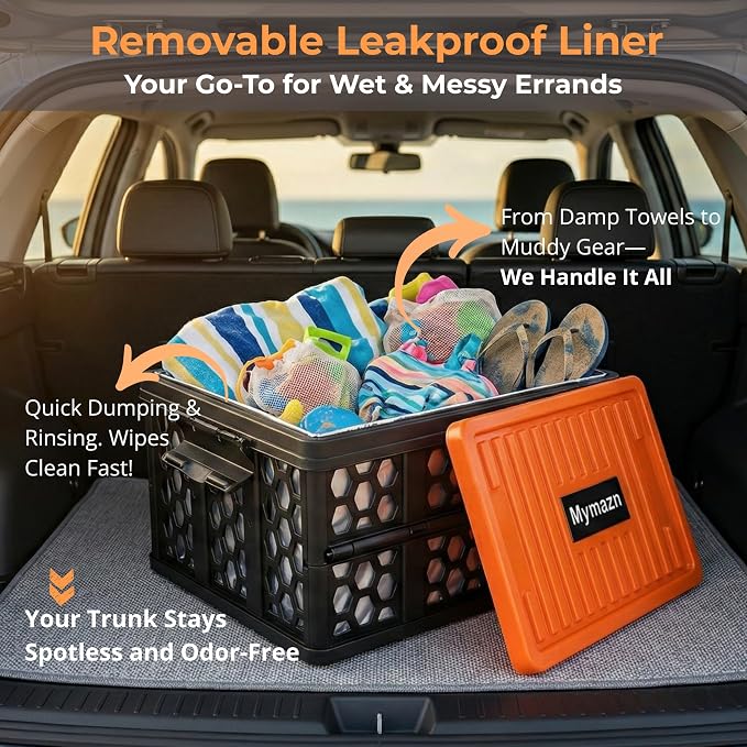 Trunk Organizer Plastic for Car, Orange | Collapsible Crate Storage, With Lid, Waterproof Bag, Optional Insulated Cooler, For SUV, Groceries, Camping