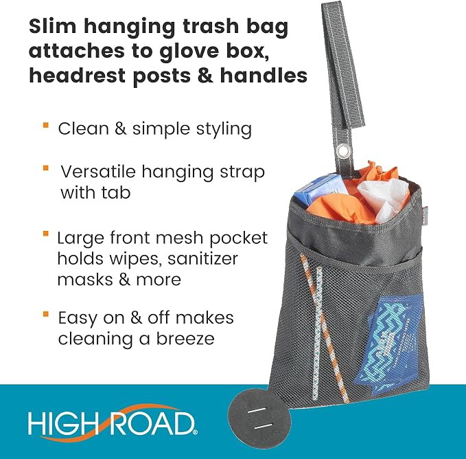 TrimTrash Hanging Car Garbage Bag - Slim and Leakproof Car Trash Bag with Magnetic Closure and Storage Pocket - Attaches to Seat, Glovebox or Console