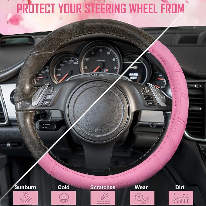 Line Rider Microfiber Leather Sporty 14.5-15 inch Car Steering Wheel Cover Universal Fits for 95% Cars Sedans SUV Trucks, Anti-Slip Safety Comfortable Design (Pure Pink)