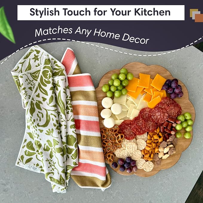 crae. Double Sided Microfiber Hand Towels, 17x27 Inches Waffle Design Kitchen Towels Set, Durable & Soft Fast Drying Hand Wash Cloth and Dishcloth for Everyday Use at Home (Pat & Tricky- Green/Cream)