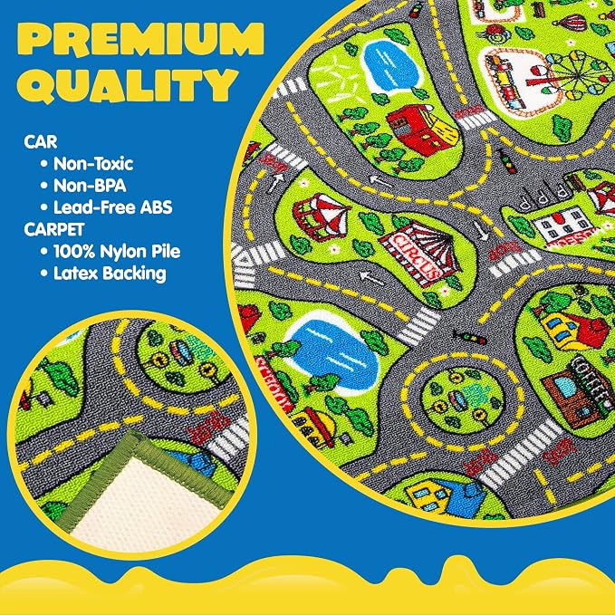 Kids Play Rugs - 12 Pull-Back Vehicle Set - Durable Carpet Playmat Rug - City Pretending Play - Toddler Car Track Rug
