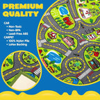 Kids Play Rugs - 12 Pull-Back Vehicle Set - Durable Carpet Playmat Rug - City Pretending Play - Toddler Car Track Rug