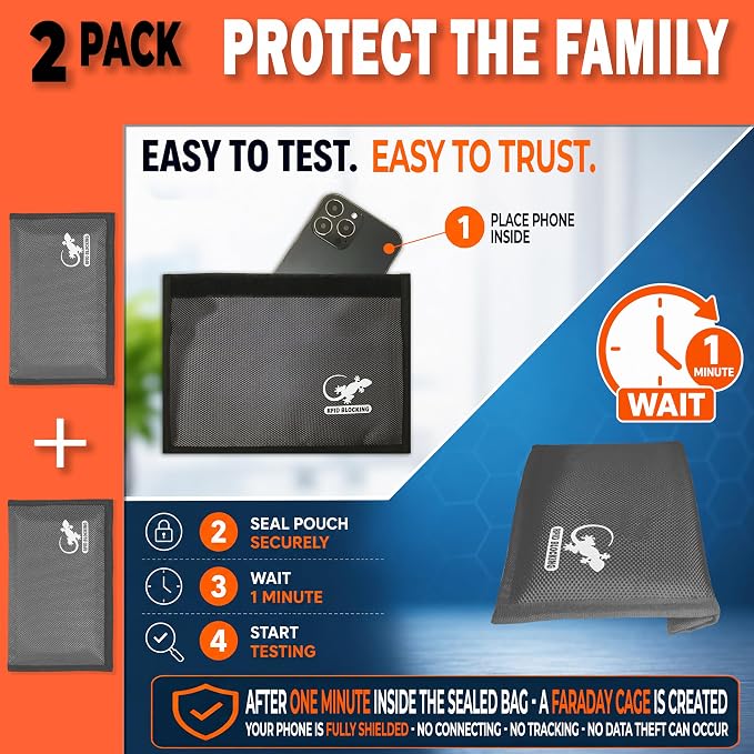 Two Faraday Bags Anti-Tracking GPS RFID Signal Blocker Wallet Shielding Pouches (x2) Protective Cases for Cell Phone Car Key FOB, Data Privacy, Electronic Device Security (2 PACK - POCKET GRAY)
