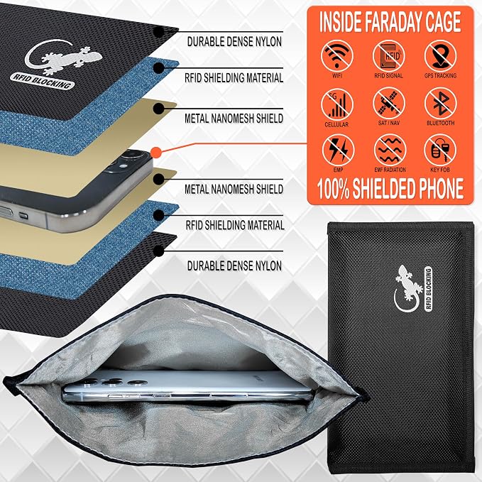 RFID Faraday Bag - GPS, RFID, and EMP Signal Blocker | Nylon Shielding Pouch for Cell Phone Privacy, Car Key FOB Protection, and Electronic Device Security (BLACK - NYLON)