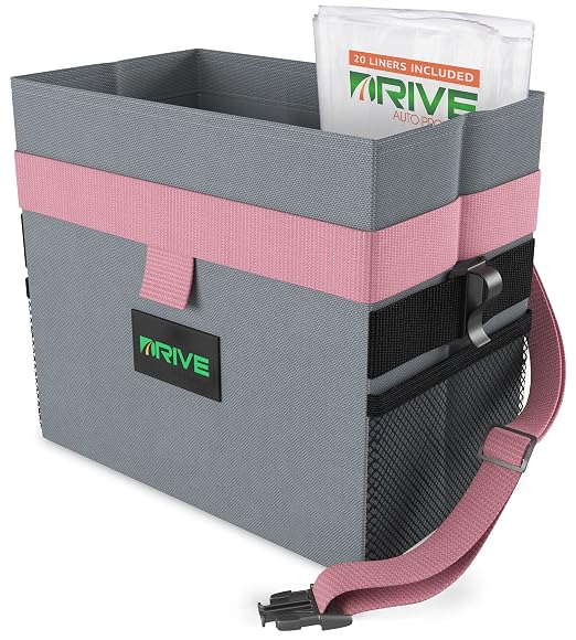 Auto Car Trash Can - Leakproof, Hanging Garbage Bin with 20 Trash Bags and Pink Adjustable Strap - Truck & Car Accessories for Men and Women - Grey with No Lid