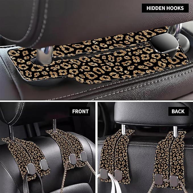 Car Headrest Purse Hanger Abstract Gold Glitter Leopard 1 Pack Bag Purse Holder for Car Premium Leather Double Metal Hook for Handbags, Grocery Bags and Phones