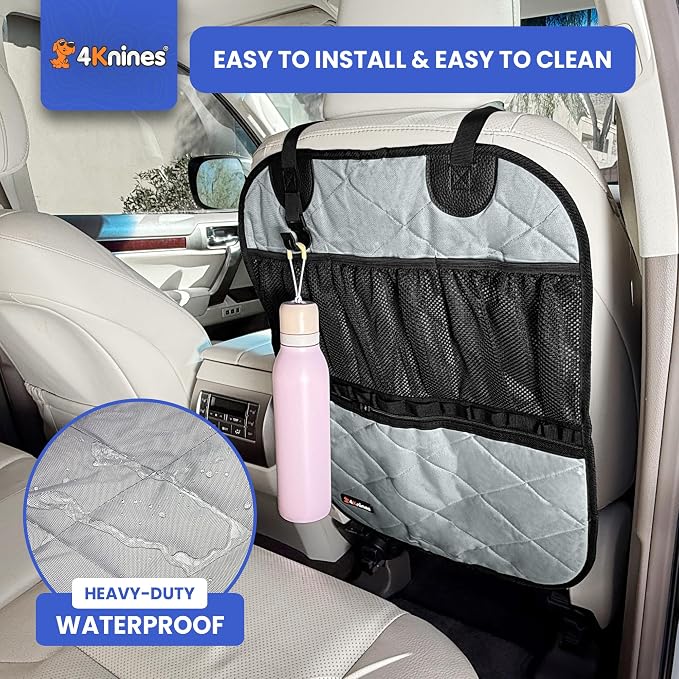 Car Seat Back Organizer – Heavy-Duty Kick Mat w/Mesh Storage Pockets, Bottle Hook – UV-Resistant Hardware – Waterproof Backseat Organizer for Kids & Pets – Fits SUVs, Trucks, Cars – Grey