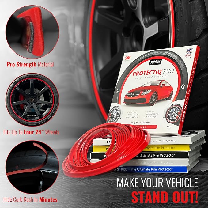 PROTECTiQ PRO Universal Rim Protection Trim - Curb Rash Guard with Award-Winning Patented Design and Premium 3M Tape - Fits Up to 4X 24 Wheels, Cars, Trucks, SUVs - Red