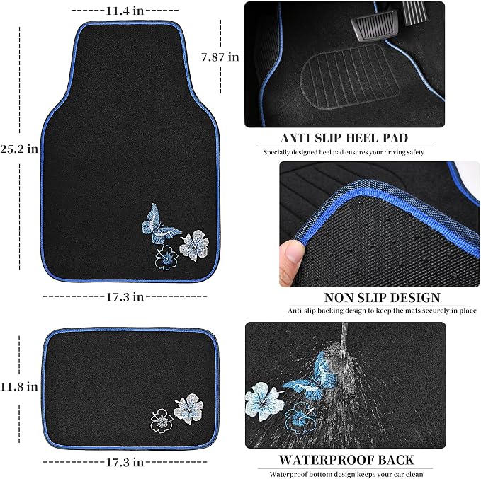 Blue Butterfly Car Seat Covers Full Set, Embroidered Flower Waterproof Car Floor Mats Carpet, Butterflies Steering Wheel Cover for Universal Car Accessories Interior Sets (Black and Blue)