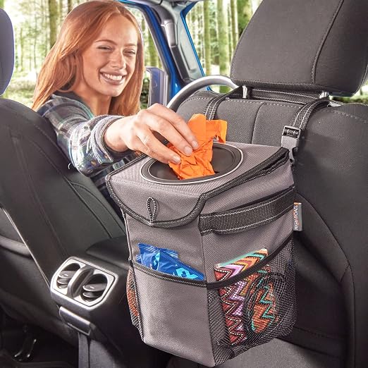 StashAway Heavy Duty Car Trash Can with Rubber Lid, 3 Storage Pockets and Sturdy Panels for Stable Floor or Hanging Seatback Use (Gray)
