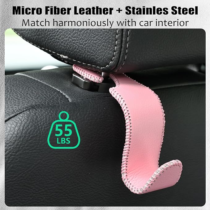 Car Seat Headrest Hook Universal Vehicle Storage Hanger Leather with Metal Car Seat Back Organizer for Handbag Purse Coat Pink 2 Pack