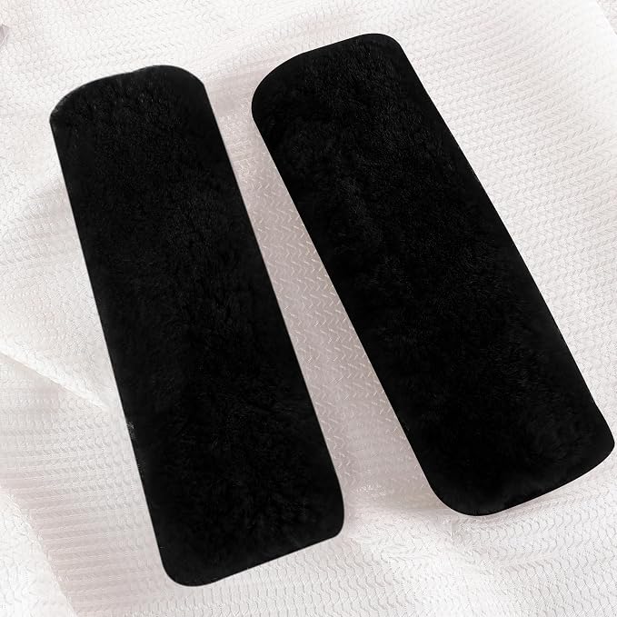 Authentic Sheepskin Seatbelt Cover Real Wool Car Truck SUV Airplane Seat Belt Shoulder Pad for Carmera Backpack Straps Neck Cushion Protector 2 Pack Black
