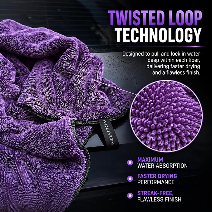 Car Drying Towel 24”x36”, 1400 GSM Twisted Loop Microfiber, Ultra Absorbent, Streak-Free, Lint-Free, Scratch-Free for Car, Truck & SUV, Quick Drying in Fewer Passes (Purple)