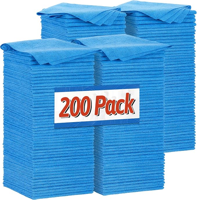 Shop Towels, Microfiber Cleaning Cloth Bulk, 200 Pack Microfiber Towels for Cars, All-Purpose Absorbent Cleaning Rags, Dust Cloth for Automotive, Mechanic, Garage, Bar, 11.5 x 11.5 inch