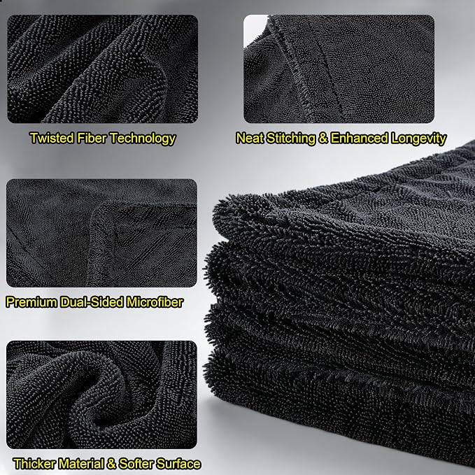 3 Pack Car Drying Towel, 1200GSM Microfiber Towels for Cars | 24 x 36 Inch & 12 x 12 Inch Super Absorbent Detailing Towels Dual Sided Streak-Free Twisted Loop for Auto SUV Truck Boat Home