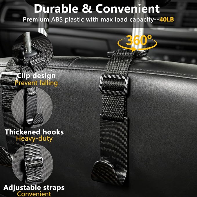 Headrest Hooks for Car Adjustable 4 Pack Vehicle Seat Back Organizer Storage Hanger Holder for Purse Bags Universal Fit with Clip Black Carbon Fiber
