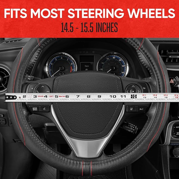 GripDrive Faux Black Leather Steering Wheel Cover for Car Truck Van SUV, Standard 15 inch Size, Red Accent Stitched Car Steering Wheel Cover Vehicle & Auto Accessories