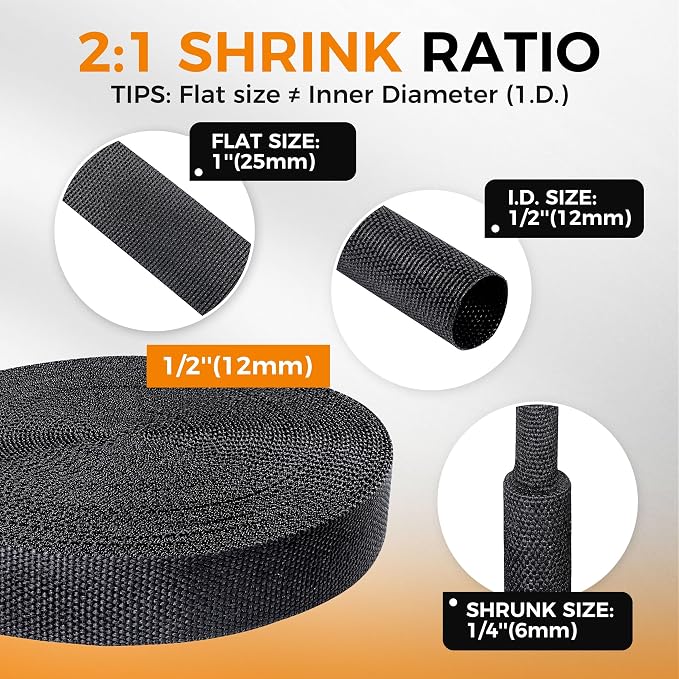 Black 2:1 Ratio Automotive Heat Shrink Braided Sleeving,Wear-Resistant Flat Woven Shrinkable Sleeve Fabric Car Cable Wires Hoses Protection (1/2"-26ft)