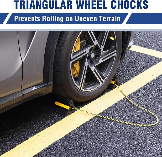 4-Pack Rubber Wheel Chocks with Rope & 3 Reflective Strips, Heavy Duty Non-Slip Tire Stoppers for Cars, SUVs & Trailers, Rubber Wheel Wedges for Garage & Driveway