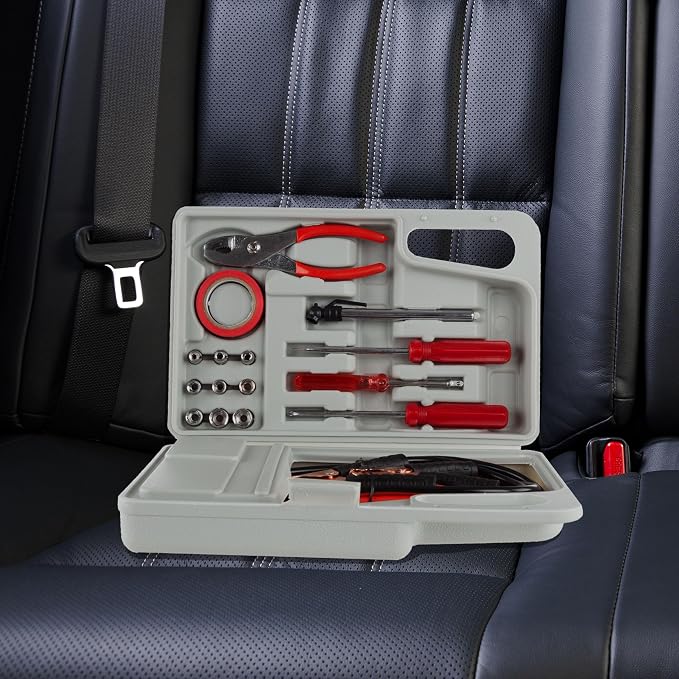 Roadside Emergency Car Kit - 30-Piece Road Trip Essentials Tool Set with Jumper Cables and Carrying Case for Car, Truck, or RV by (Gray/Red)