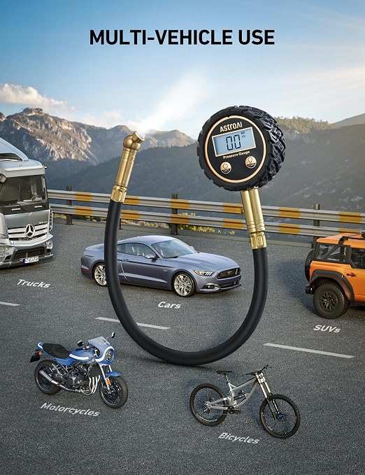 Tire Pressure Gauge for Cars with Backlit LED, Solid Brass with Rubber Hose, Air Bleeder Valve, ANSI B40.7 Grade 2A(±0.5%), 3-250PSI
