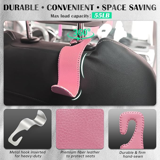 Car Seat Headrest Hook Universal Vehicle Storage Hanger Leather with Metal Car Seat Back Organizer for Handbag Purse Coat Pink 4 Pack