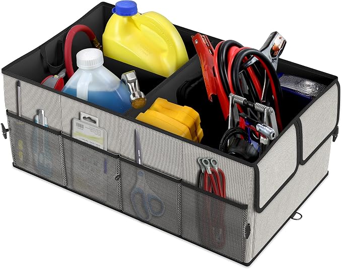 Foldable Car Trunk Organizer for SUV, 3-Compartment, Gray | with Removable Divider, Side Pockets and Securing Straps