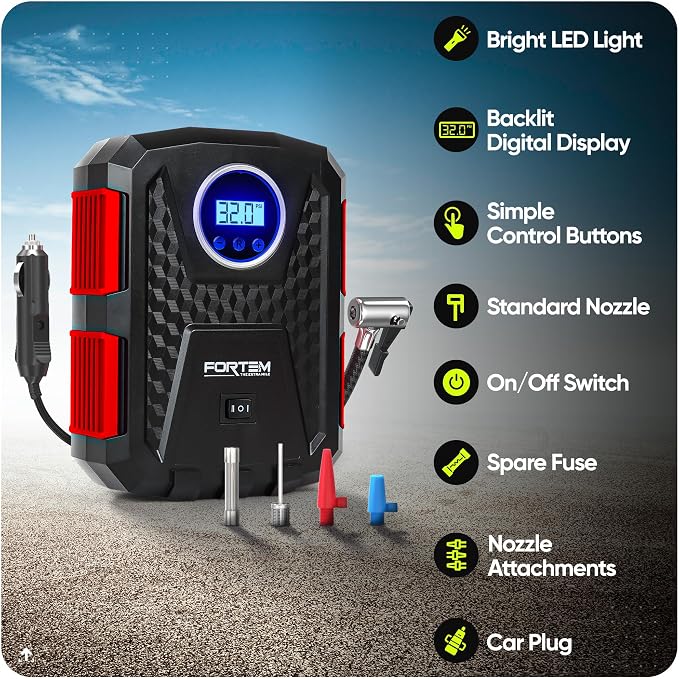 Tire Inflator Portable Air Compressor, Air Pump for Car Tires and Bikes, Car Tire Pump w/Auto Shut Off, 150 PSI, 12V DC, LED Light, Carrying Case, for Men, Women
