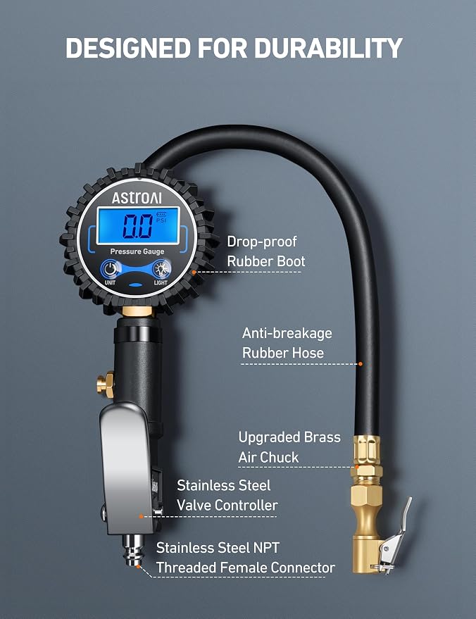 Digital Tire Pressure Gauge with Inflator(3-250 PSI 0.1 for Display Resolution), Heavy Duty Air Chuck and Compressor Accessories with Rubber Hose and Quick Connect Coupler, Blue