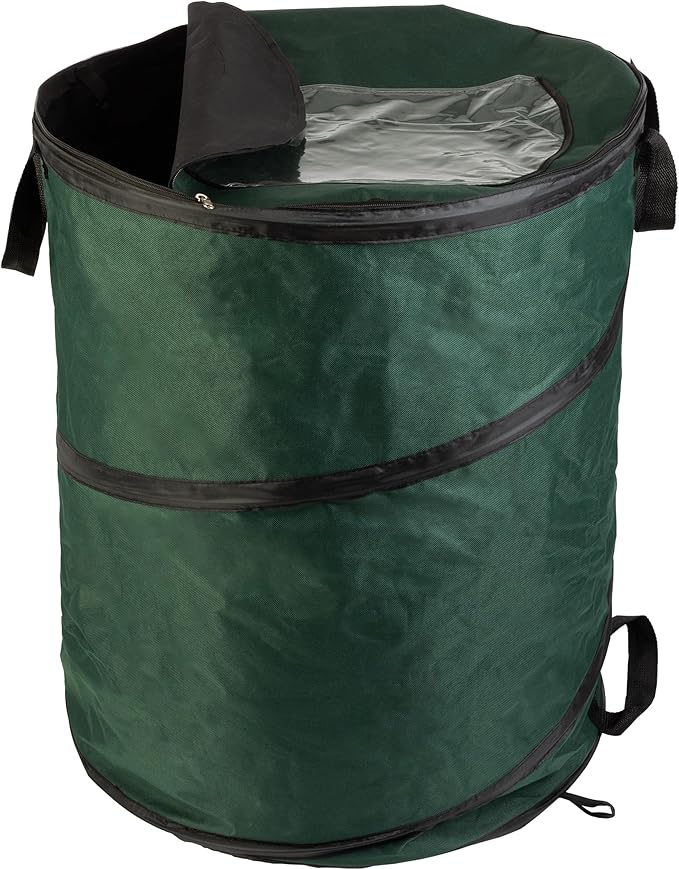 Outdoor Trash Can - 46-Gallon Collapsible Garbage Can with 3 Stakes - Pop Up Trash Bin for Camping, Storage, or Yard Waste Outdoors (Green)