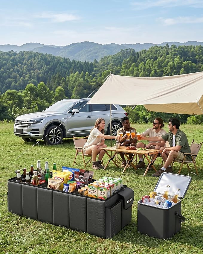 Trunk Organizer, Sturdy Foldable with Cooler for Car & SUV, 3 Compartments, Black, 31.5” x 12.6” x 10.6”