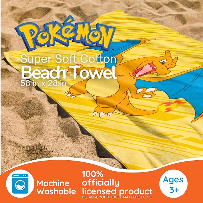 Pokemon Charizard Fire Kids Cotton Beach Towel, 58 x 28 Inch, Soft & Absorbent Pool, Bath & Beach Towel (Officially Licensed Product) by