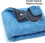1000GSM Car Drying Towel 18"x24", Edgeless Double Twist Pile, Ultra Absorbent Microfiber Towel, Scratch-Free Lint-Free Streak-Free for Auto Detailing & Car Wash – Blue&Grey