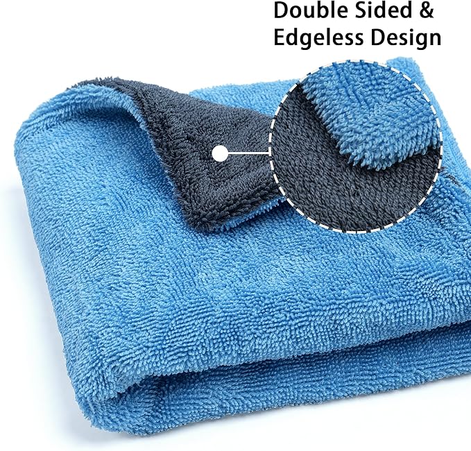 1000GSM Car Drying Towel 18"x24", Edgeless Double Twist Pile, Ultra Absorbent Microfiber Towel, Scratch-Free Lint-Free Streak-Free for Auto Detailing & Car Wash – Blue&Grey