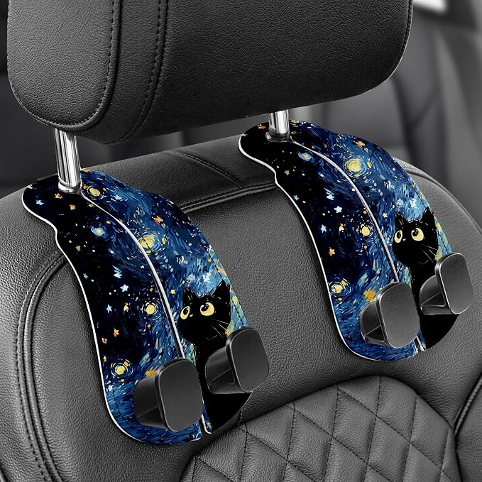 Purse Holder for Car, 2 Pack Heavy Duty Purse Hanger for Car, PU Leather Car Seat Hooks for Purses and Bags, Cute Blue Starry Sky Cat Headrest Organizer for Handbags & Backpacks