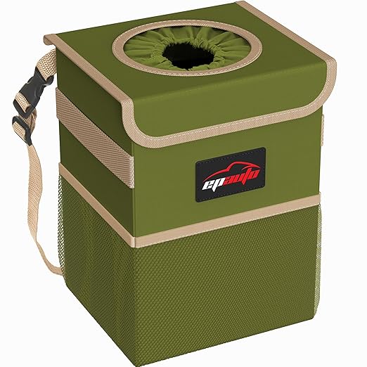 Waterproof Car Trash Can with Lid and Pockets, 2.5 Gal, Green | Leakproof, Collapsible Multipurpose Car Bin with 3 Side Storage Pockets, Adjustable Straps