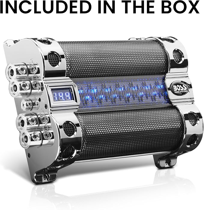 Cap18 - 18 Farad Car Capacitor For Energy Storage To Enhance Bass Demand From Audio System, Audible Warning Tone For Reverse Polarity, Voltage Overload Low Battery Voltage Led