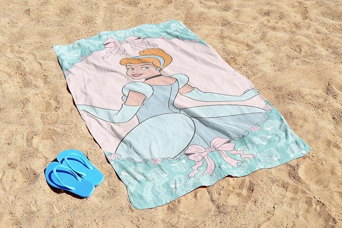 Kids Beach Towel - 100% Cotton Super Soft Absorbent Bath Towel, 28" x 58" Inch Lightweight for Travel, Official Licensed Product, Green - Princess Cinderella