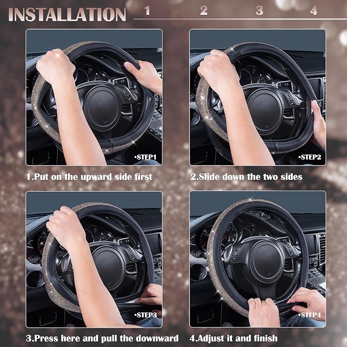Bling Champagne Diamond Steering Wheel Cover, Black Leather Universal Fit 14.5-15inch Glitter Rhinestones for Women Sparkle Crystal Girly Shining for SUV,Vans,Sedan,Car,Truck, Black Champagne