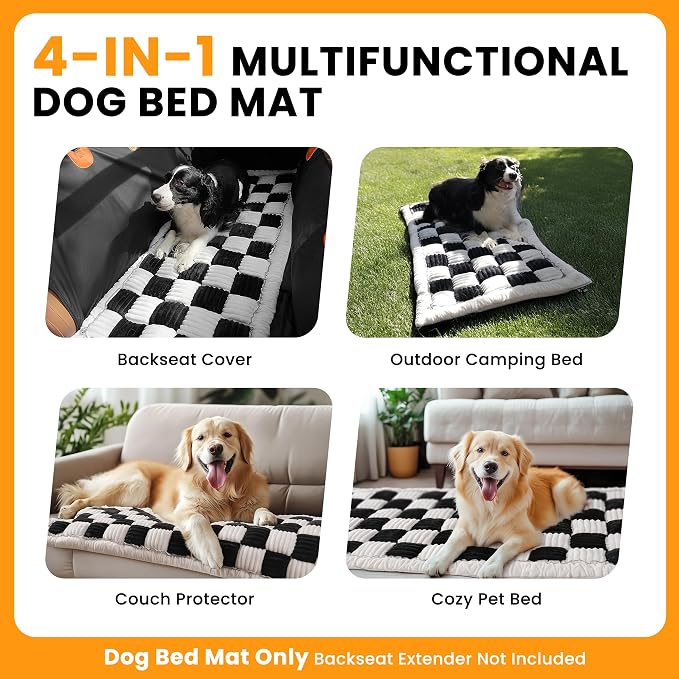 Backseat Dog Bed Mat for Car, Non-Slip Dog Bed for Car Back Seat, Soft & Cozy Dogs Blanket, Washable Travel Pet Mat Seat Protector for Cars, SUVs, Trucks (Black/White, 59"L x 27.5"W x 1.5"Th)