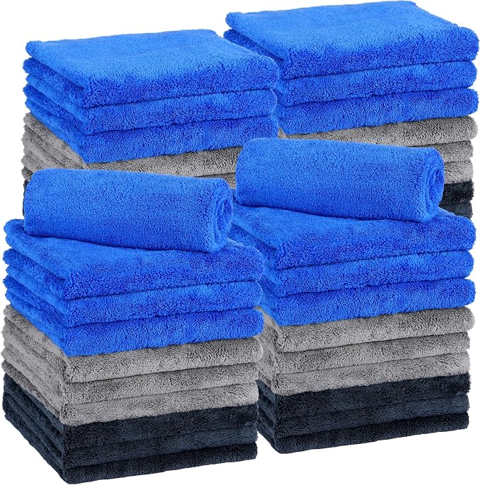 30 Pcs16 x 16 Inch Edgeless Microfiber Plush Towels for Cars Detailing Drying Wash Polishing Absorbent Cleaning Cloths, 500 GSM (Navy Blue, Gray, Black)