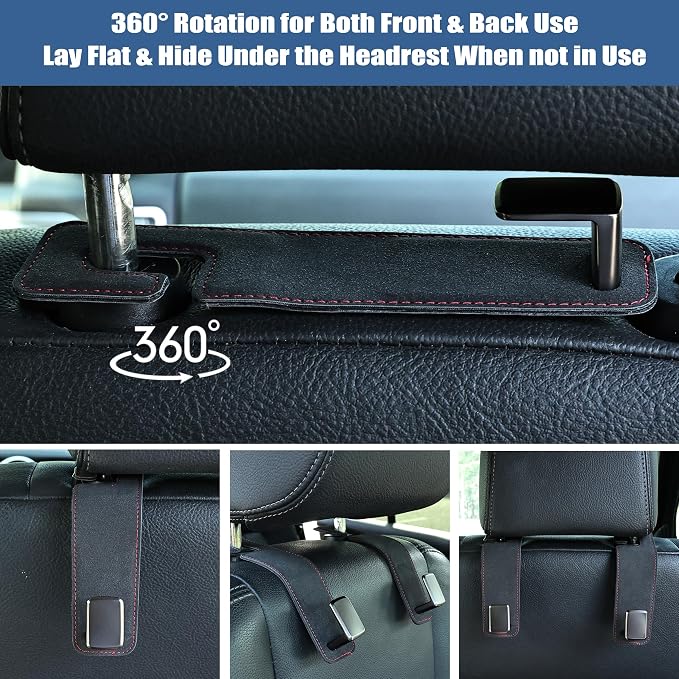 Car Seat Back Hook Universal Auto Storage Hanger Suede with Metal Car Seat Organizer for Handbag Purse Coat Umbrellas Grocery Bags 2 Pack Black