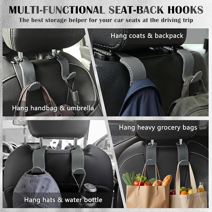 Car Seat Headrest Hook Universal Vehicle Storage Hanger Leather with Metal Car Seat Back Organizer for Handbag Purse Coat Grey 4 Pack