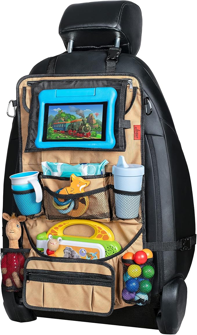 Heavy Duty Back Seat Car Organizer Extra Large for Powerful Protection, Sag Proof & Reinforced Corners, Protects iPad & Backseat, 12 Versatile Car Seat Organizer Storage Compartments, (Tan)
