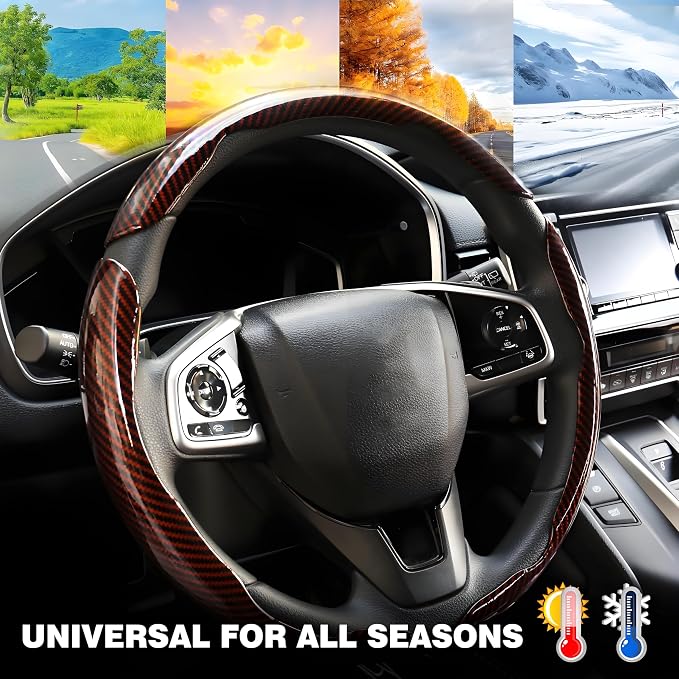 3PCS Carbon Fiber Steering Wheel Cover-Segmented Clip-On Design Anti-Slip & Scratch Resistant Universal Fit 14.5"-16" for Cars/Truck/SUV Great Gift for Men & Women